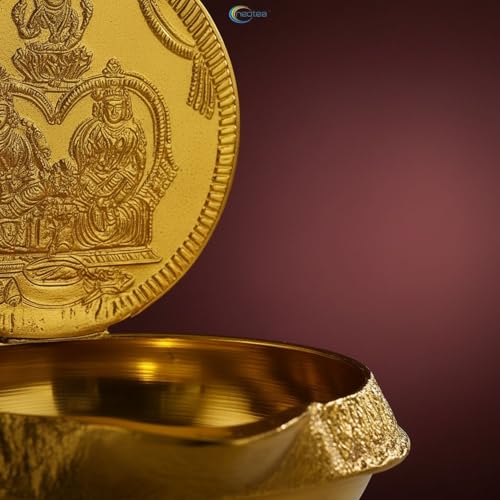 Neotea Special Small Lakshmi Kubera Oil Lamp Diya | Traditional Kubera Deepam Vilakku with One Coin | Perfect for Pooja, Temple, Festivals, and Home Décor | Brass Kuber Lamp for Prosperity (Golden) -1 - Image 5