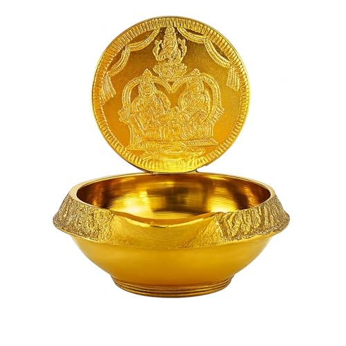 Neotea Special Small Lakshmi Kubera Oil Lamp Diya | Traditional Kubera Deepam Vilakku with One Coin | Perfect for Pooja, Temple, Festivals, and Home Décor | Brass Kuber Lamp for Prosperity (Golden) -1 - Image 1