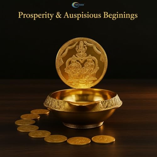 Neotea Special Small Lakshmi Kubera Oil Lamp Diya | Traditional Kubera Deepam Vilakku with One Coin | Perfect for Pooja, Temple, Festivals, and Home Décor | Brass Kuber Lamp for Prosperity (Golden) -1 - Image 3