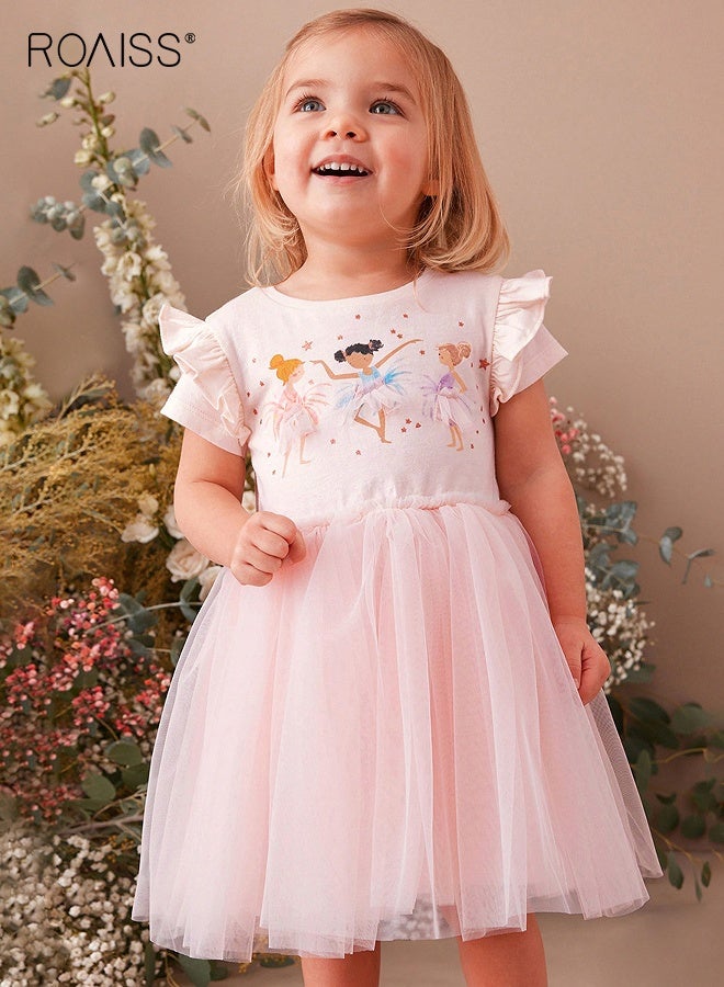roaiss Girl's Summer Dress with Adorable Patterns and Tulle Hem, Cotton Ruffled Short Sleeve Dress, Casual Stylish Sundress for Little Girls, Suitable for Daily Wear or Any Occasion - Image 2