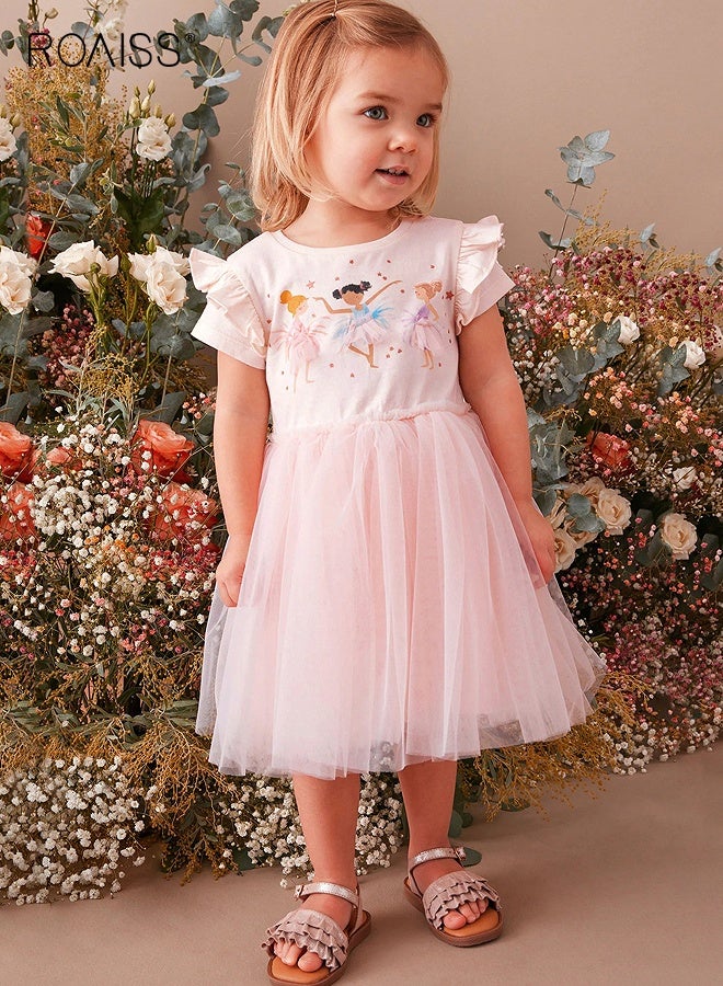 roaiss Girl's Summer Dress with Adorable Patterns and Tulle Hem, Cotton Ruffled Short Sleeve Dress, Casual Stylish Sundress for Little Girls, Suitable for Daily Wear or Any Occasion - Image 3