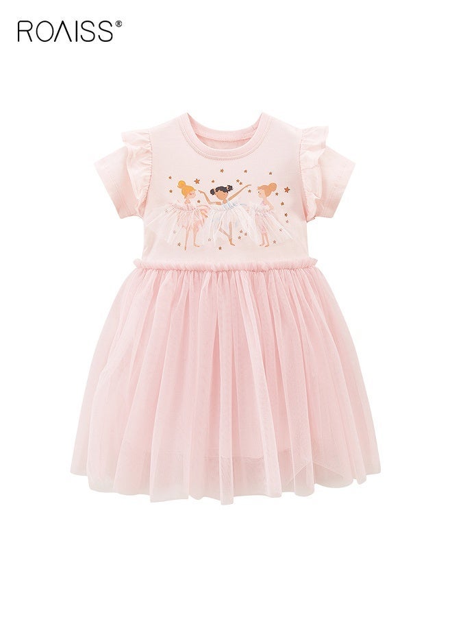 roaiss Girl's Summer Dress with Adorable Patterns and Tulle Hem, Cotton Ruffled Short Sleeve Dress, Casual Stylish Sundress for Little Girls, Suitable for Daily Wear or Any Occasion - Image 2