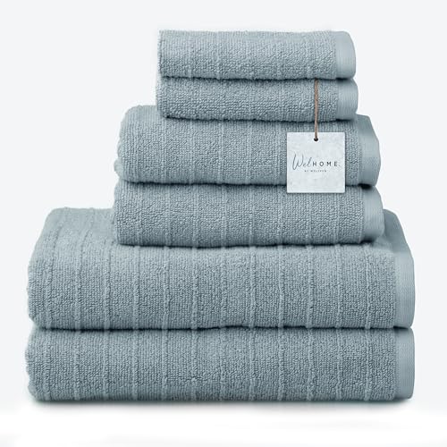 Welhome James 100 Cotton Textured Stripe Towel Set 6 Piece Set of 2 Bath Towels 2 Hand Towels 2 Washcloths Soft Absorbent Dusty Blue - Image 1