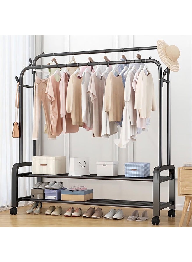 RollsTimi  Double Rods Clothes Rack With Wheels, Portable Clothing Rack With Shelves & Hooks, Heavy Duty Garment Racks for Hanging Clothes, Multi-Functional Closet Rack for Bedroom, Black - Image 1