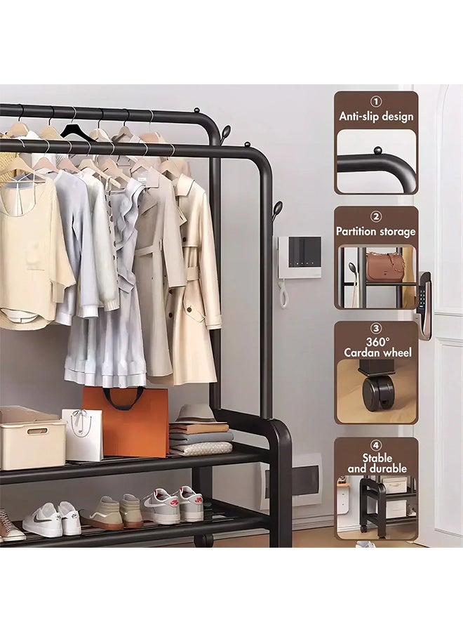 RollsTimi  Double Rods Clothes Rack With Wheels, Portable Clothing Rack With Shelves & Hooks, Heavy Duty Garment Racks for Hanging Clothes, Multi-Functional Closet Rack for Bedroom, Black - Image 2