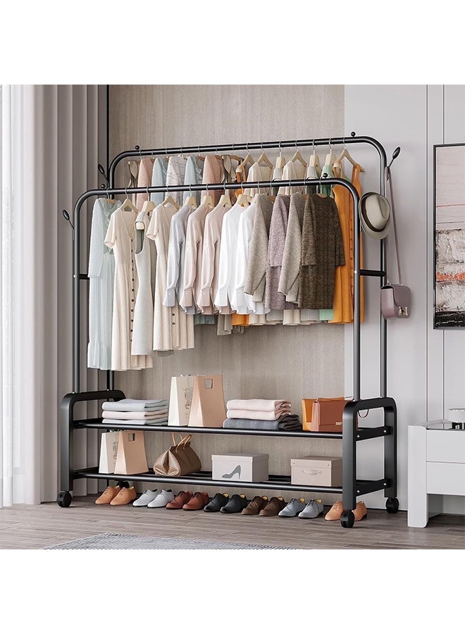 RollsTimi  Double Rods Clothes Rack With Wheels, Portable Clothing Rack With Shelves & Hooks, Heavy Duty Garment Racks for Hanging Clothes, Multi-Functional Closet Rack for Bedroom, Black - Image 4