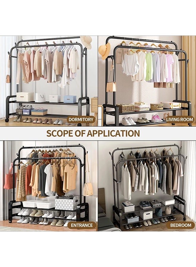 RollsTimi  Double Rods Clothes Rack With Wheels, Portable Clothing Rack With Shelves & Hooks, Heavy Duty Garment Racks for Hanging Clothes, Multi-Functional Closet Rack for Bedroom, Black - Image 3