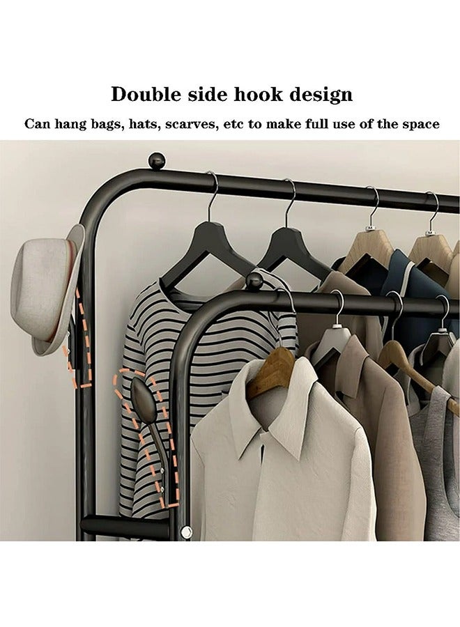 RollsTimi  Double Rods Clothes Rack With Wheels, Portable Clothing Rack With Shelves & Hooks, Heavy Duty Garment Racks for Hanging Clothes, Multi-Functional Closet Rack for Bedroom, Black - Image 5