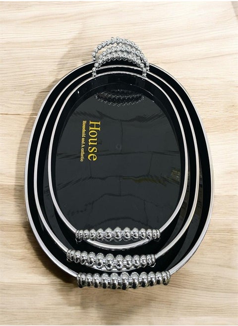 Luxury oval, silver and black serving trays set 3 pieces