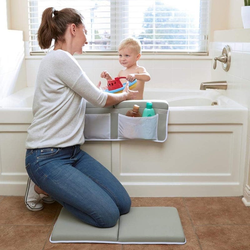 CHILDHOOD Bath Kneeler and Elbow Rest Pad Set - Painless Foam with Toy Organizer Pockets, Foldable, Quickly Dry Bathtub Kneeler and Elbow Rest Set for Baby Bathing Parents (Grey) - Image 3