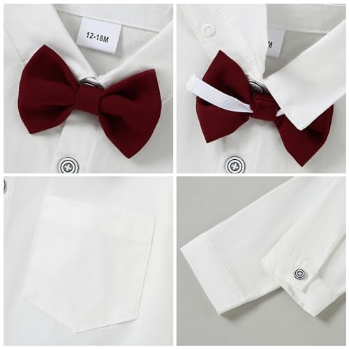 YALLET Toddler Baby Boy Clothes Suit Gentleman Wedding Outfits, Formal Dress Shirt+Bowtie+Vest+Boutonniere+Suspender Pants(V Red, 12-18 Months) - Image 4