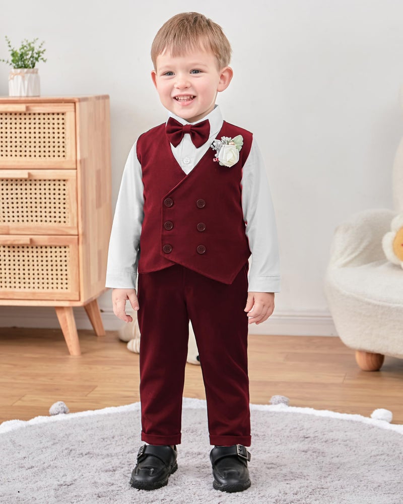 YALLET Toddler Baby Boy Clothes Suit Gentleman Wedding Outfits, Formal Dress Shirt+Bowtie+Vest+Boutonniere+Suspender Pants(V Red, 12-18 Months) - Image 2