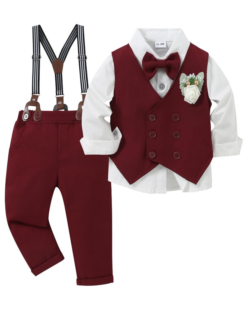 YALLET Toddler Baby Boy Clothes Suit Gentleman Wedding Outfits, Formal Dress Shirt+Bowtie+Vest+Boutonniere+Suspender Pants(V Red, 12-18 Months) - Image 1