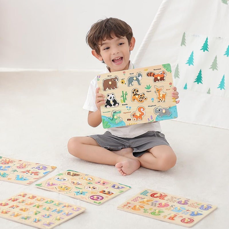 GR GRINNNIE ألغاز خشبية GRINNNIE للأطفال من 3 إلى 5 سنوات ألعاب مونتيسوري للأطفال 5 قطع ألغاز مع مقبض الأرقام والحروف والأشكال والحيوانات هدايا رائعة لعيد الميلاد وأعياد الميلاد للأولاد والبنات - Image 3