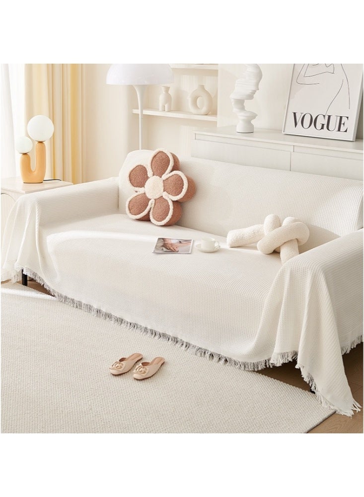 180x260cm Multi-purpose Sofa Cover Elegant Non-Slip Reversible Sofa Slipcovers Decorative Blanket for Sofa Nordic Style Sofa Cover with Decorative Fringes Scratch-Resistant Throws Chenille Throws for Sofas Large Four Seasons Sofa Throws High Density Sofa Cover Sofa Protector (White)  - Image 1