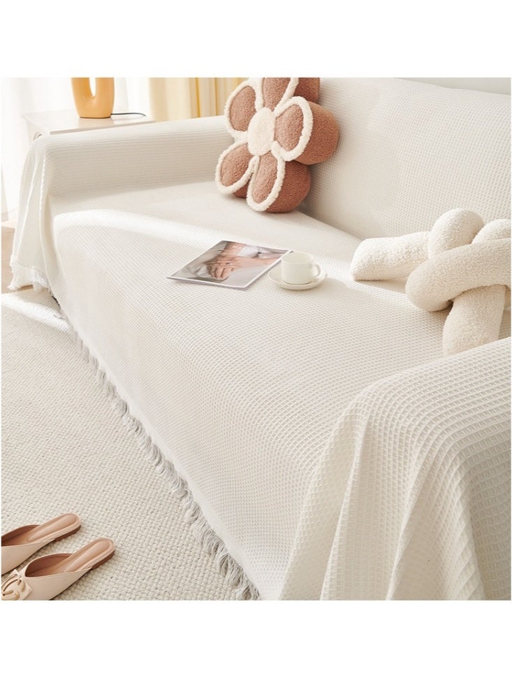 180x260cm Multi-purpose Sofa Cover Elegant Non-Slip Reversible Sofa Slipcovers Decorative Blanket for Sofa Nordic Style Sofa Cover with Decorative Fringes Scratch-Resistant Throws Chenille Throws for Sofas Large Four Seasons Sofa Throws High Density Sofa Cover Sofa Protector (White)  - Image 2