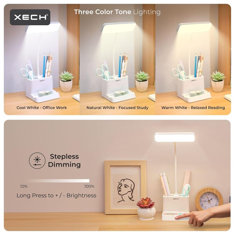 Xech Table Lamp for Study LED Light Pen Stand Stationery Holder Reading Light with Rechargeable Battery 3 Colour Dimmable Lighting Birthday Gifts for Students and Friends Desky Lite - Image 3