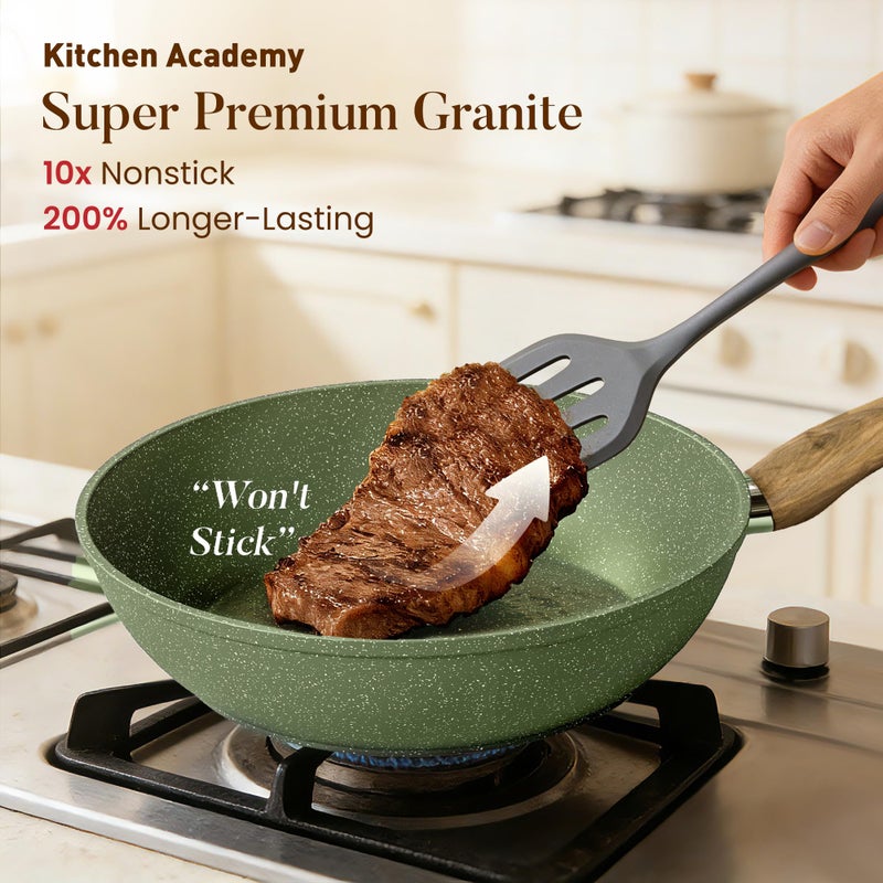 Kitchen Academy Non Toxic Pots and Pans Set Non Stick - 12 Piece Induction Cookware Sets, Green Granite Nonstick Cooking Pot and Pan, PFOA&PFOS Free - Image 2