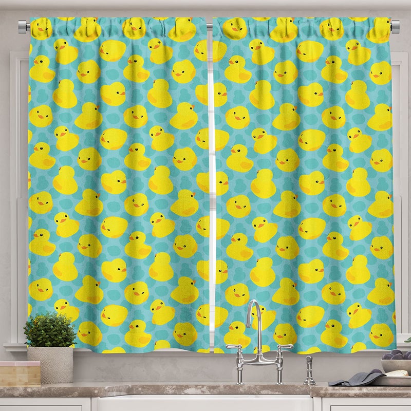 Lunarable Lunarable Duckies Kitchen Curtains  Bathroom Toys Themed Rubber Ducks on Abstract Spotted Surface  Window Drapes 2 Panel Set for Kitchen Cafe Decor  55"" X 39""  Orange Green - Image 1