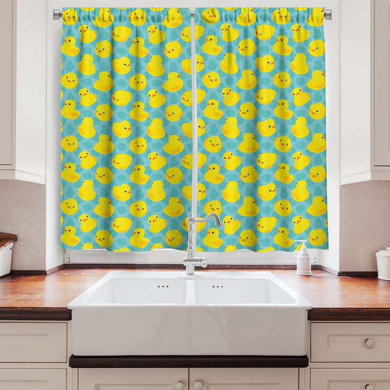 Lunarable Lunarable Duckies Kitchen Curtains  Bathroom Toys Themed Rubber Ducks on Abstract Spotted Surface  Window Drapes 2 Panel Set for Kitchen Cafe Decor  55"" X 39""  Orange Green - Image 2