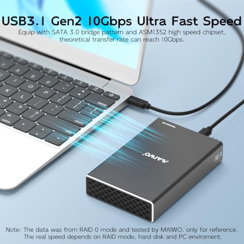 MAIWO حاوية RAID للقرص الصلب MAIWO مزدوجة الفتحة لقرص SSD/HDD SATA بحجم 2.5 بوصة، USB 3.1 GEN 2 بسرعة 10Gbps مع UASP، RAID 0/1/JBOD/PM، سعة 16TB، علبة قارئ القرص الصلب الخارجية من الألمنيوم - Image 3