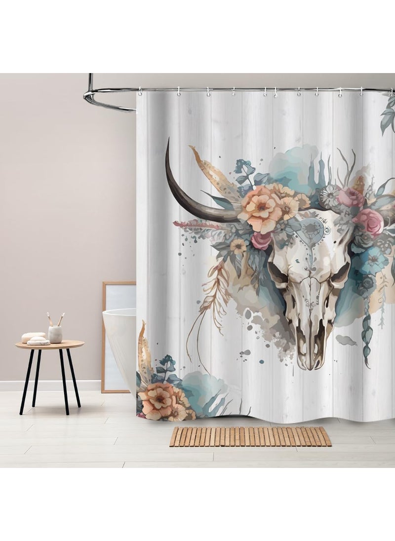 Ticuenicoa Ticuenicoa Western Bull Skull Shower Curtain Retro Boho Cow Longhorn Skull Flower Head White Board Shower Curtain with Hooks Waterproof Polyester Bathroom Curtain Sets 72Wx72H  - Image 1