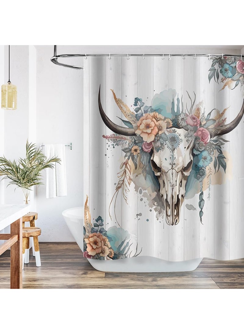 Ticuenicoa Ticuenicoa Western Bull Skull Shower Curtain Retro Boho Cow Longhorn Skull Flower Head White Board Shower Curtain with Hooks Waterproof Polyester Bathroom Curtain Sets 72Wx72H  - Image 2