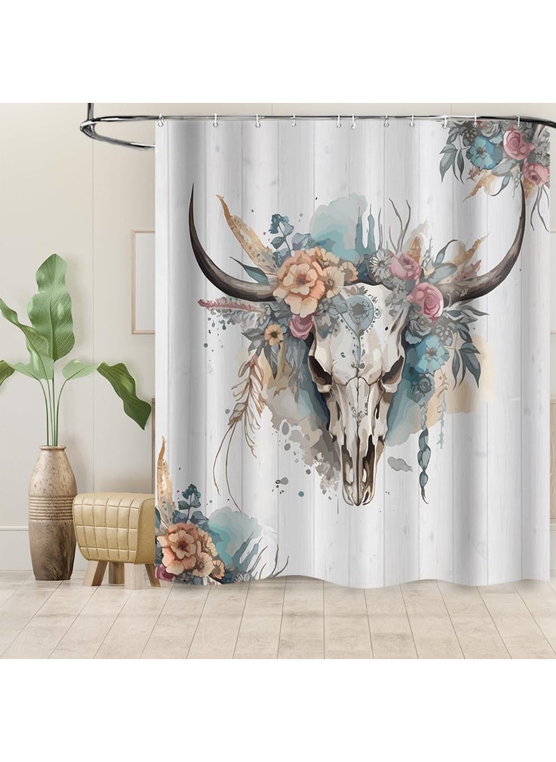 Ticuenicoa Ticuenicoa Western Bull Skull Shower Curtain Retro Boho Cow Longhorn Skull Flower Head White Board Shower Curtain with Hooks Waterproof Polyester Bathroom Curtain Sets 72Wx72H  - Image 3