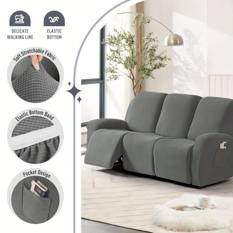 3 Seater Corn Plush Stretch Full Wrap Recliner Sofa Cover Set Double Seat With Center Console Cup Holder Sofa Protector 22 Black - Image 5