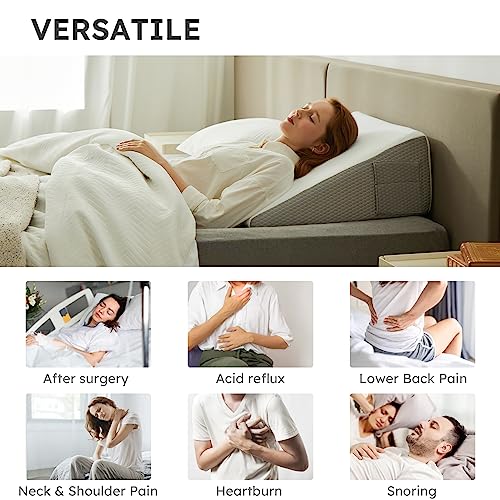 Bedluxe وسادة بيدلوكس المثلثة، وسادة بزاوية 12 بوصة لرأس السرير، وسادة مثلثة لتخفيف ارتجاع الحمض، النوم، بعد الجراحة، الشخير، الجيرد، وسادة مثلثة - قمة من رغوة الذاكرة المبردة، أبيض/رمادي - Image 4