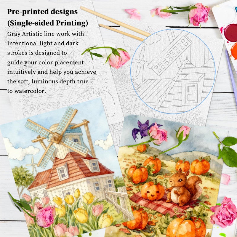 Kalysky 8.5 * 11" Watercolor Workbook,3 Watercolor Coloring Books for Adults, Beginner-Friendly Water Color Books,160GSM Cold Press Textured Thick Paper - Image 4