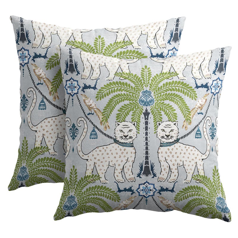 aportt Animal Print Tiger Leopard Tropical Tree Pillow Covers 18X18 Inch Set of 2 Vintage Asian Bird Decorative Pillow Cases Green Chinoiserie Cotton Linen Cushion Case Farmhouse Home Decor For Sofa Couch - Image 1
