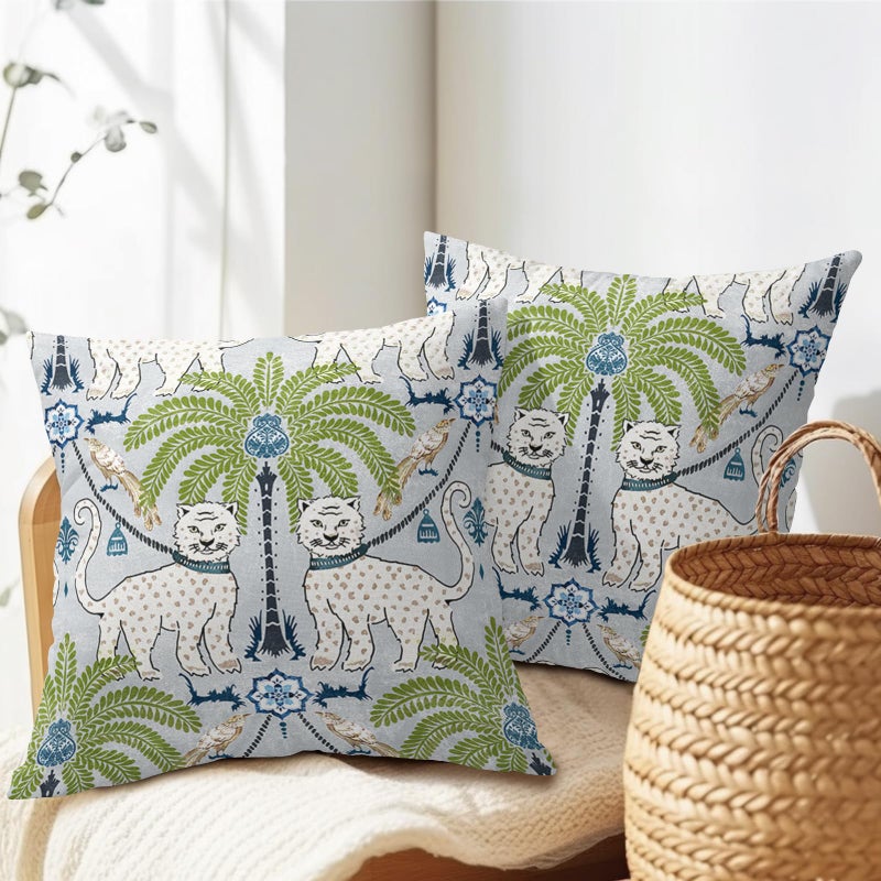 aportt Animal Print Tiger Leopard Tropical Tree Pillow Covers 18X18 Inch Set of 2 Vintage Asian Bird Decorative Pillow Cases Green Chinoiserie Cotton Linen Cushion Case Farmhouse Home Decor For Sofa Couch - Image 5
