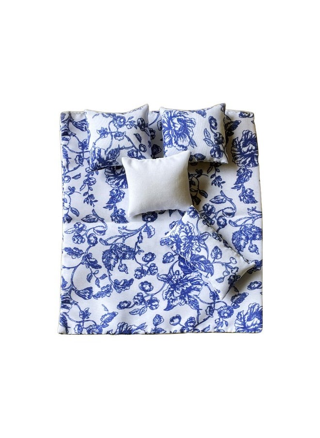 Inusitus - Dollhouse Bedding 5 Piece Set With Comforter & Pillows Blanket Realistic Bedroom Accessories For 6 Inch Dolls 1/12 Scale Blue Flowers And White Cover - Image 1