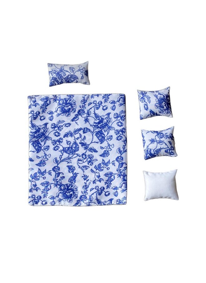 Inusitus - Dollhouse Bedding 5 Piece Set With Comforter & Pillows Blanket Realistic Bedroom Accessories For 6 Inch Dolls 1/12 Scale Blue Flowers And White Cover - Image 1