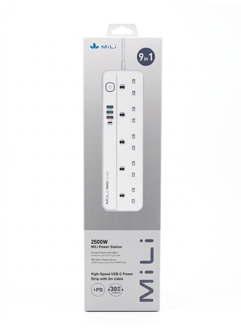 ميلى توصيلة كهرباء ميلي (MiLi) بقوة 2500 واط - 9 في 1 - 5 منافذ AC و4 منافذ USB شحن سريع PD - سلك بطول 3 أمتار - أبيض. - Image 2