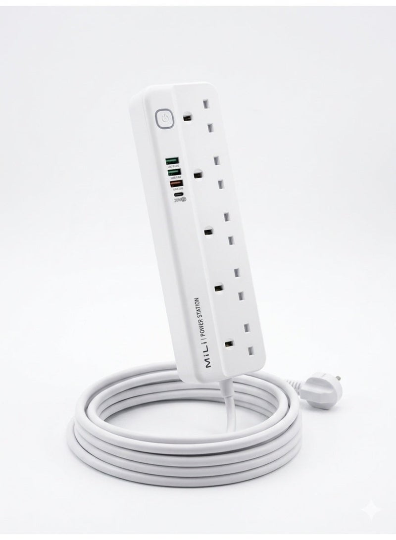 ميلى توصيلة كهرباء ميلي (MiLi) بقوة 2500 واط - 9 في 1 - 5 منافذ AC و4 منافذ USB شحن سريع PD - سلك بطول 3 أمتار - أبيض. - Image 1