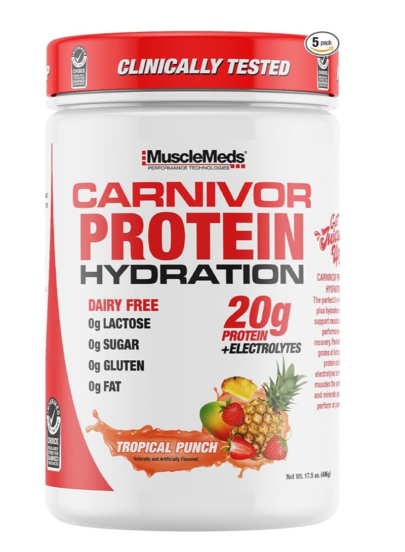 MuscleMeds Carnivor Protein Hydration Drink Powder, 20g Refreshing, Lactose Free, Sugar Free, Electrolytes, Muscle Building, Recovery, Halal Certified, Tropical Punch, 20 Serve - Image 1