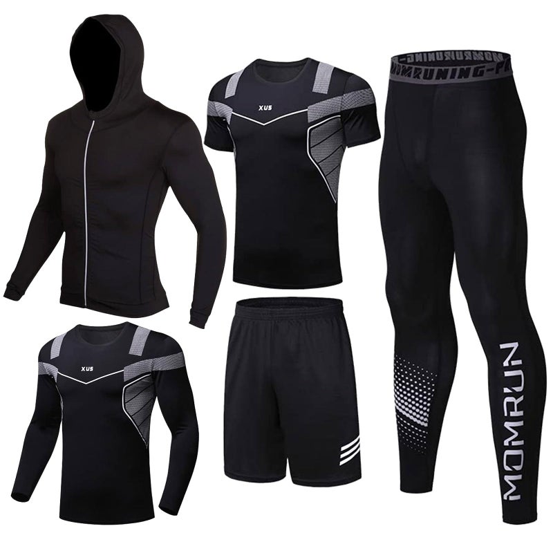5PCS Gym Clothes for MenWorkout Sets incluir Compression Shirt Pants Hoodie Jacket for Spring Summer Autumn and Winter Outdoor Sports Running