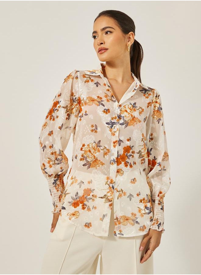 Styli - Floral Print Jacquard Collared Shirt - Image 1