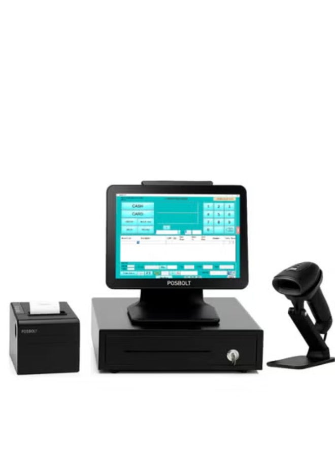 بوسبورت مجموعة نظام نقاط البيع (POS) للتجزئة من POSBOLT شاملة البرنامج (معالج i5، ذاكرة RAM سعة 8 جيجابايت، قرص SSD سعة 256 جيجابايت، وشاشة تعمل باللمس مقاس 15 بوصة مع شاشة عرض للعميل VFD) - Image 1