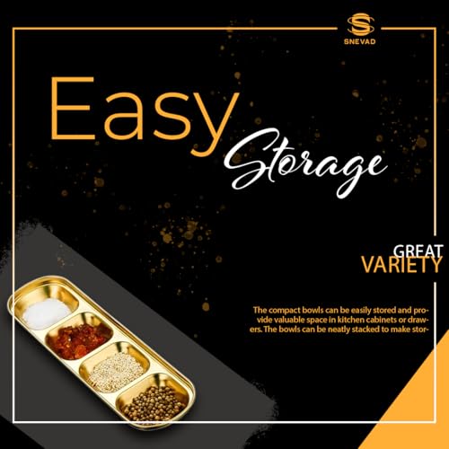 Snevad Gold Dipping Sauce Dish Stainless Steel Golden Set Divided Sauce Dishes Platter (4 Compartment) Stainless Steel Divided Food Kitchen Condiment Snacks Serving Tray Dinner Plate Tray for Adults - Image 3