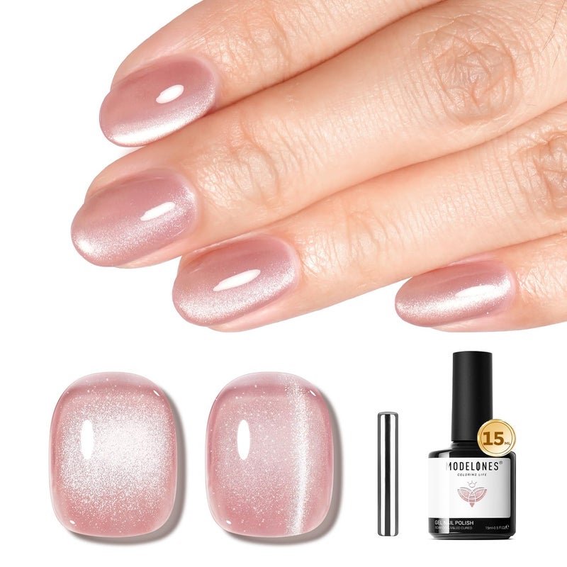 modelones Pink Cat Eye Gel Nail Polish 9D Cateye with Magnet Nail Shimmer Soak Off Reflective Translucent Gel Magnetic Nail Polish 15 ML - Image 1