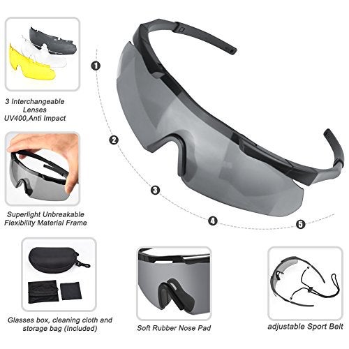 xaegistac Tactical Eyewear 3 Interchangeable Lenses Outdoor Unisex Shooting Glasses (Black Frame) - Image 2