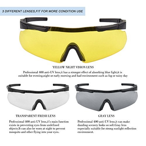 xaegistac Tactical Eyewear 3 Interchangeable Lenses Outdoor Unisex Shooting Glasses (Black Frame) - Image 3