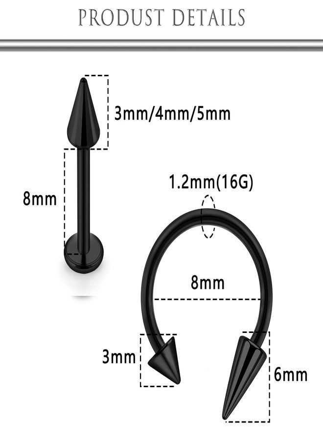 Hoeudjo Long Spike Snake Bite Piercing Jewelry 16G Lip Rings Labret Jewelry Set Monroe Studs Black Surgical Steel Helix Daith Tragus Cartilage Earrings for Women Men - Image 2