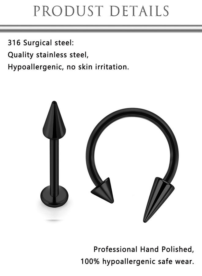 Hoeudjo Long Spike Snake Bite Piercing Jewelry 16G Lip Rings Labret Jewelry Set Monroe Studs Black Surgical Steel Helix Daith Tragus Cartilage Earrings for Women Men - Image 3
