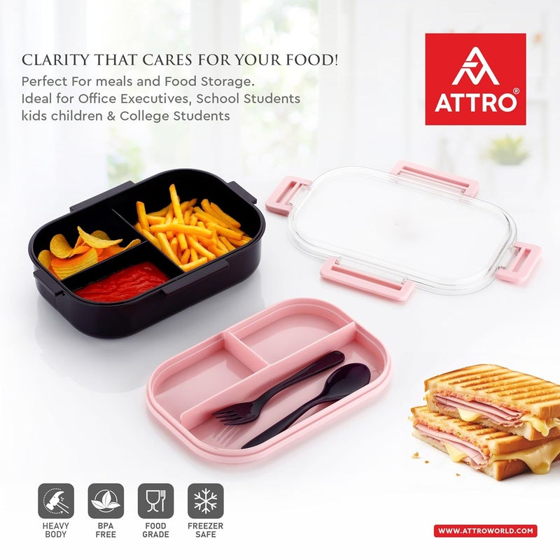ATTRO Carry Fresh Kids Plastic Lunch Box 3 Compartments & Fork, BPA-Free, Food-Grade, Ideal for School, Picnic, Travel & Outdoor Use- Purple Pink, 500 ml - Image 4
