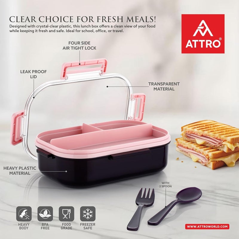 ATTRO Carry Fresh Kids Plastic Lunch Box 3 Compartments & Fork, BPA-Free, Food-Grade, Ideal for School, Picnic, Travel & Outdoor Use- Purple Pink, 500 ml - Image 2