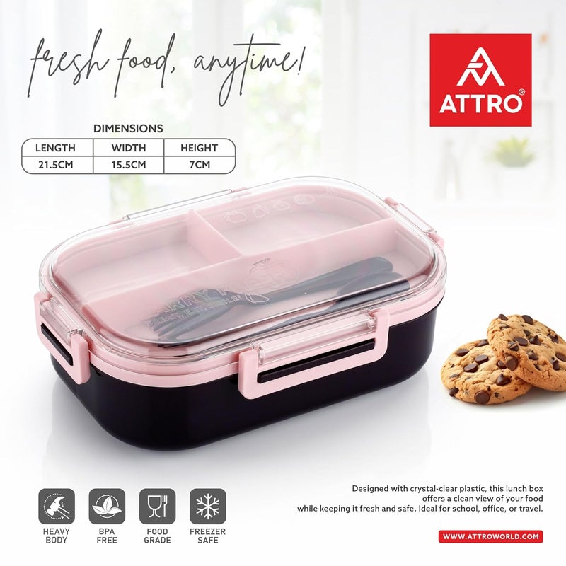 ATTRO Carry Fresh Kids Plastic Lunch Box 3 Compartments & Fork, BPA-Free, Food-Grade, Ideal for School, Picnic, Travel & Outdoor Use- Purple Pink, 500 ml - Image 3